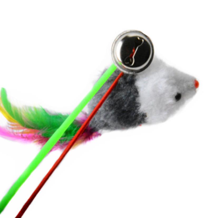 Pets Play Fly Over Wand Interactive Cat Toy Feather Bell Furry Mouse Teaser Stick for All Breed Sizes