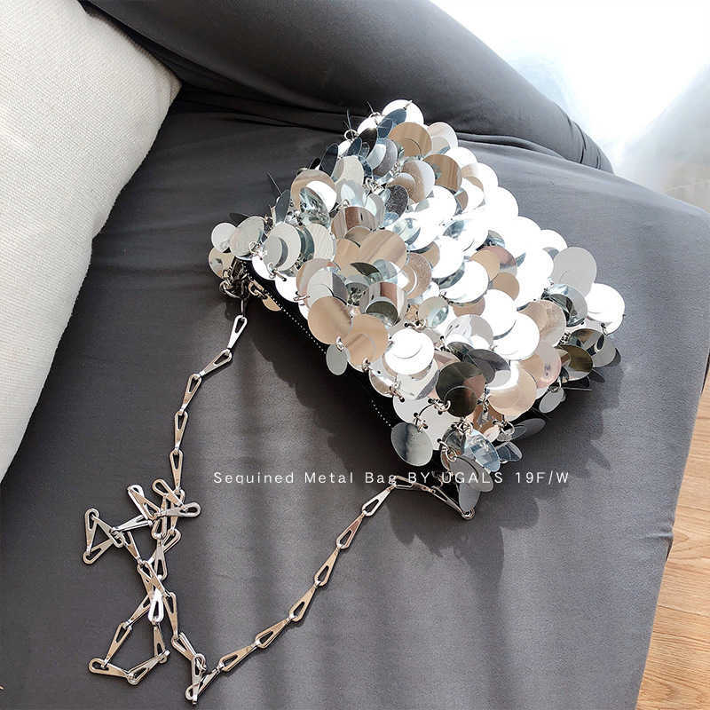 Silver shiny bag hand woven beaded sequin bag mobile phone bag long shoulder belt single shoulder messenger bag female 230401