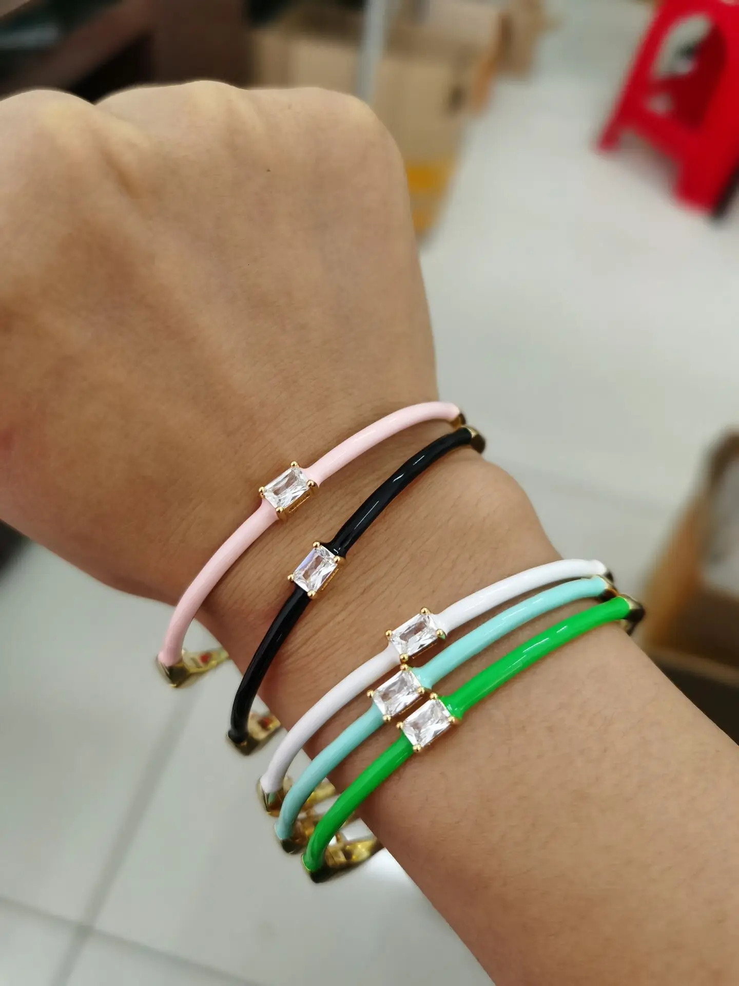 Charm Bracelets Square Zirconia Bangle Candy Bracelet for Women Girls Rose Neon Green Enamel Gold Color Jewelry Wholesale 231101