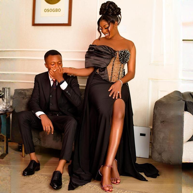 Plus Size Aso Ebi Prom Dresses Black One Shoulder Side Split Satin Beaded Rhie African Nigeria Women Evening Dress Second Reception Gowns