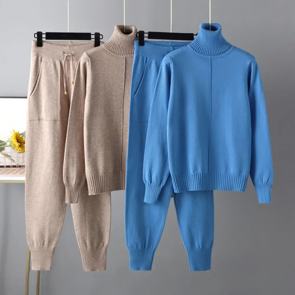 Women's Two Piece Pants Two Piece Cashmere Autumn Winter Women Turtleneck Wool Sweater Suits Fashion Knitted Loose Pant Tracksuit Lady Warm Set 2