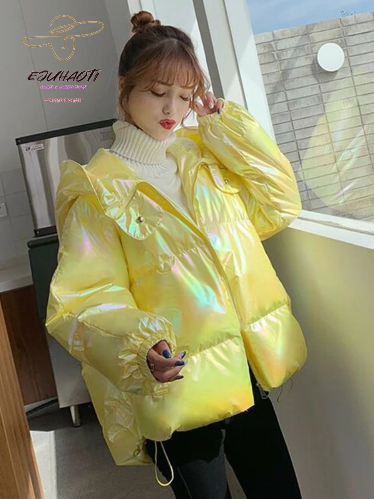 Women s Down Parkas Jacket Colorful Glossy Surface Hooded Cotton Coat Winter Korean Fashion Thicken Womens Clothing Loose Warm Tops 231031
