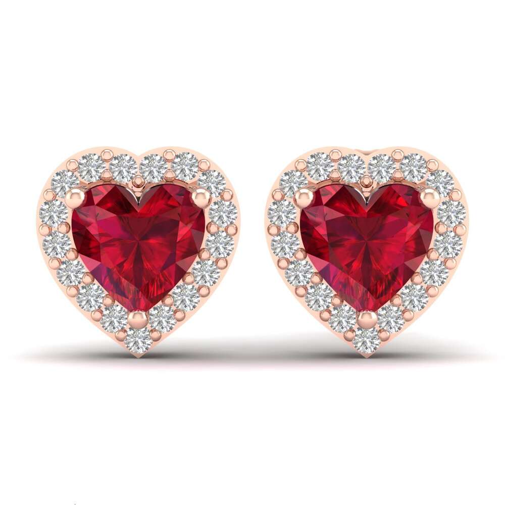 Charming Ruby Studs Halo Moissanite Love Heart Shaped Red Birthstone Rhodium Plated 925 Sterling Silver