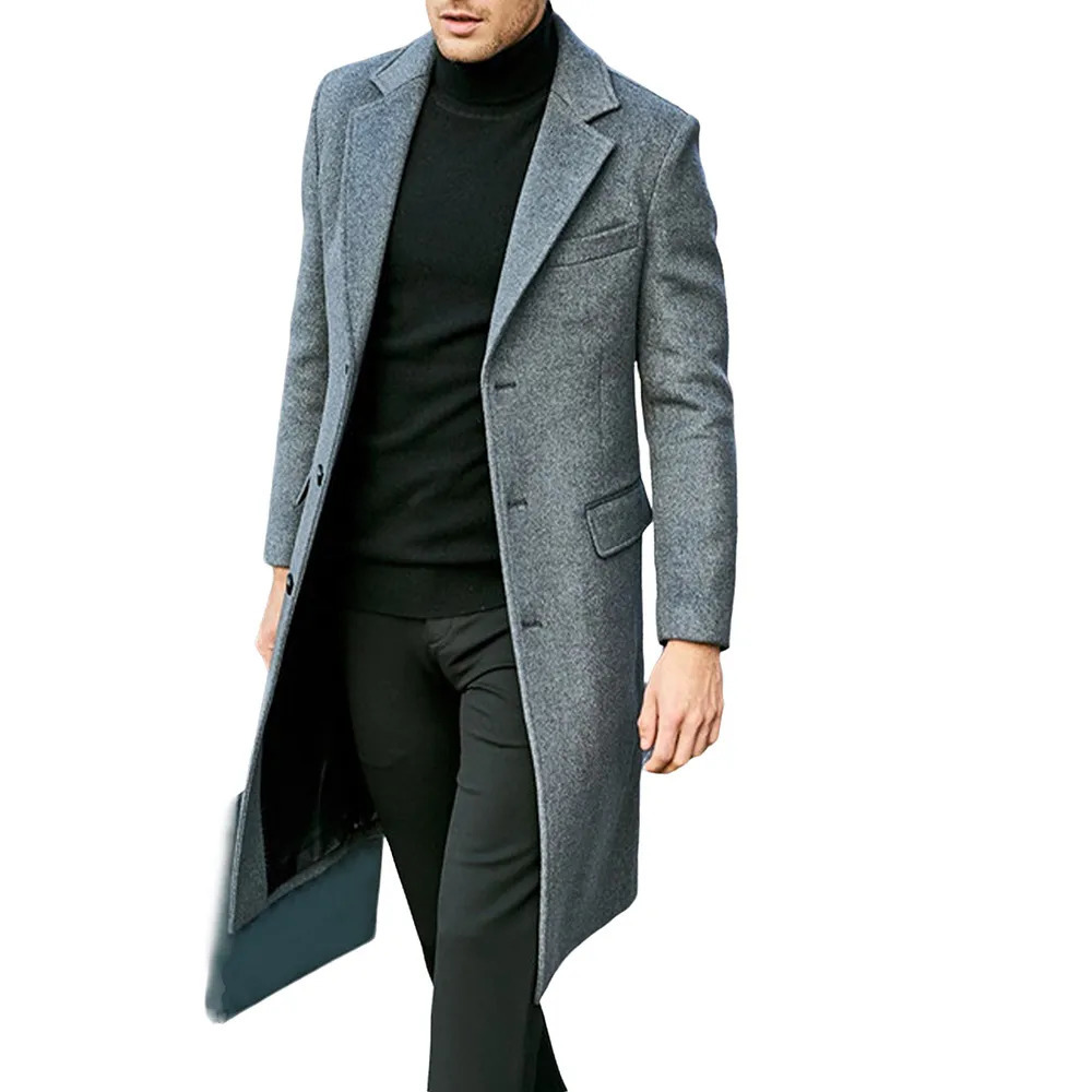 Men's Wool Blends Men's British Style Woolen Coat Fall Casual Lapel Single Breasted Youth Overcoat Midlength Slim Long Sleeve Woolen Jacket 