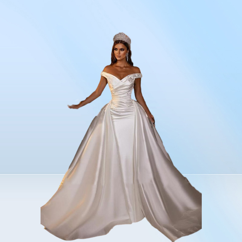 Modest Satin Mermaid Wedding Dresses With Detachable Sweep Train Elegant Off Shoulder Beaded Cyrstals Corset Back Bridal Gowns Ves