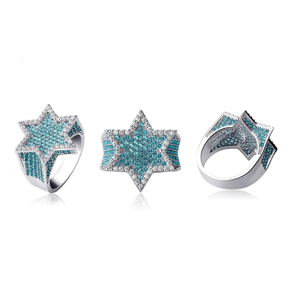 Wedding Rings TOPGRILLZ Hexagon Star Silver Color Blue Iced Out Cubic Zircon Micro Paved Personality Hip Hop Jewelry For Gifts 231101