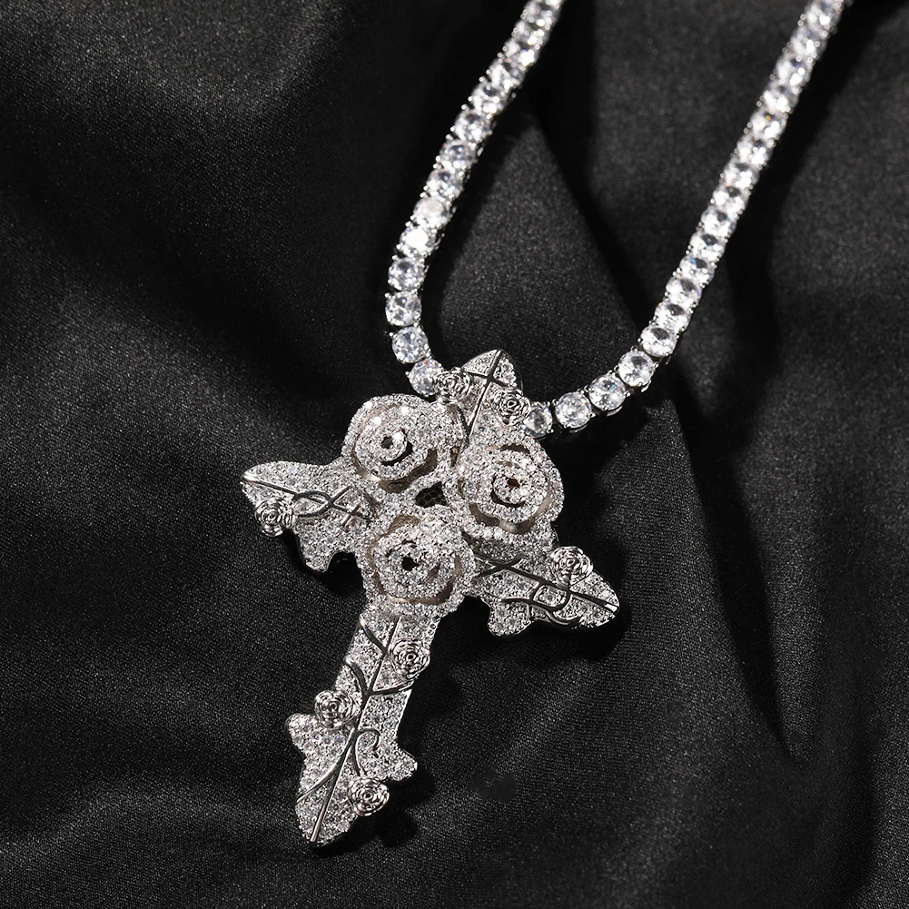 Chokers THE BLING KING Rose Flowers Cross Pendant Iced Out Bling Cubic Zirconia Necklace Hiphop Punk Jewelry 231101