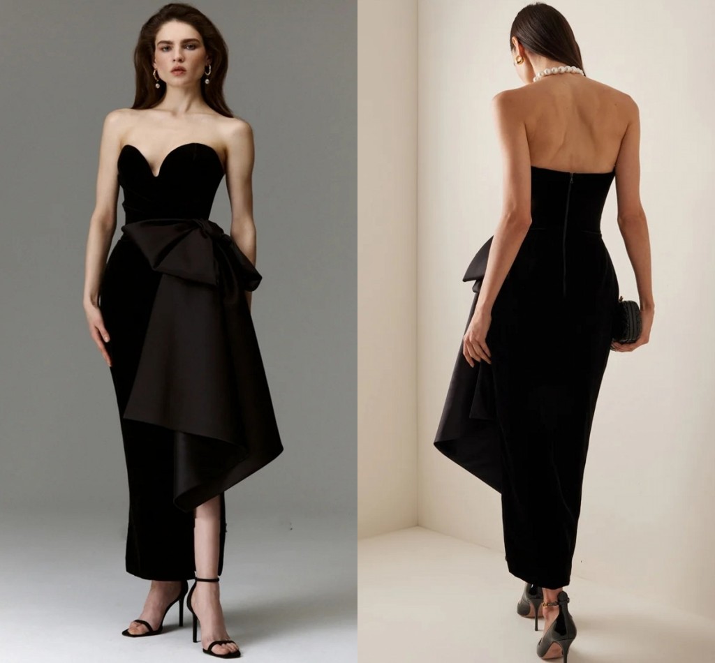 Black Velour Short Women Prom Party Dress 2025 Sweetheart Big Bow Side Split Simple Ankle Length Evening Formal Gowns Celebrity Wear Robe De Soiree