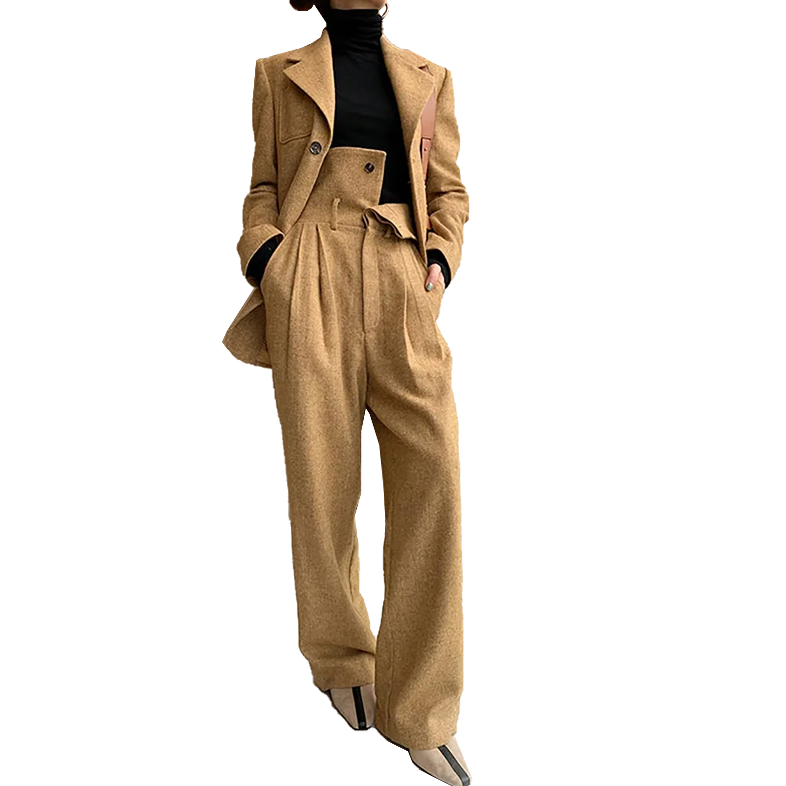 Winter Woolen Women Cloth Suits Custom Made Lady Fashion Long Sleeve V Neck Oversized Blazer Wide Leg High Waist Pants 2 Pieces