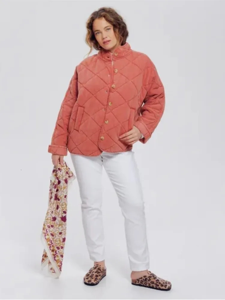 Women's Jackets Winter Solid Rhombic Lattice Quilted Jacket Stand Collar Single Breasted Pockets Cotton Coat Warm High Street Outerwear 231031