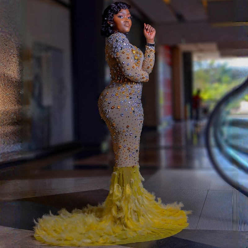 Plu Size Feather Ao Ebi Prom Dree Mermaid Yellow Long Sleeve Colorful Tulle Beaded Rehinetone African Nigeria Glitter Evening Dre Second Reception
