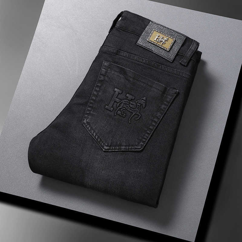High-end European h Family Jeans Men's Autumn and Winter Slim Fit Small Straight Stretch Embossed Black Long Pants