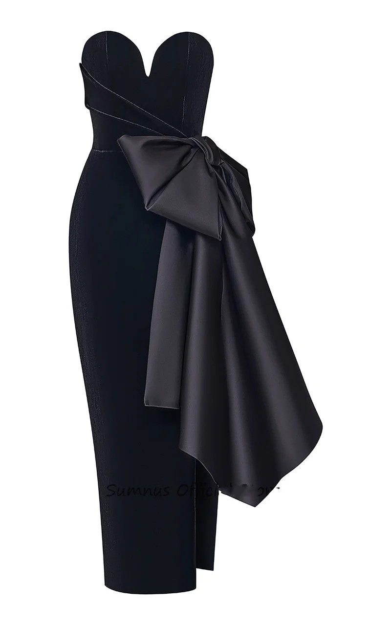 Black Velour Short Women Prom Party Dress 2025 Sweetheart Big Bow Side Split Simple Ankle Length Evening Formal Gowns Celebrity Wear Robe De Soiree