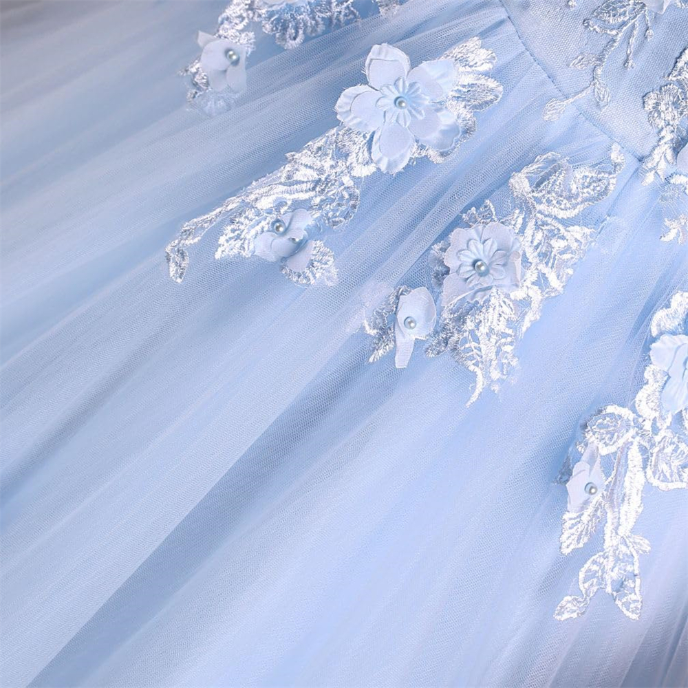 Quinceanera Dresses Princess Sky Blue Flowers Appliques Beading Deep V-Neck Tulle Ball Gown Lace-up Plus Size Sweet 16 Debutante Party Birthday Vestid