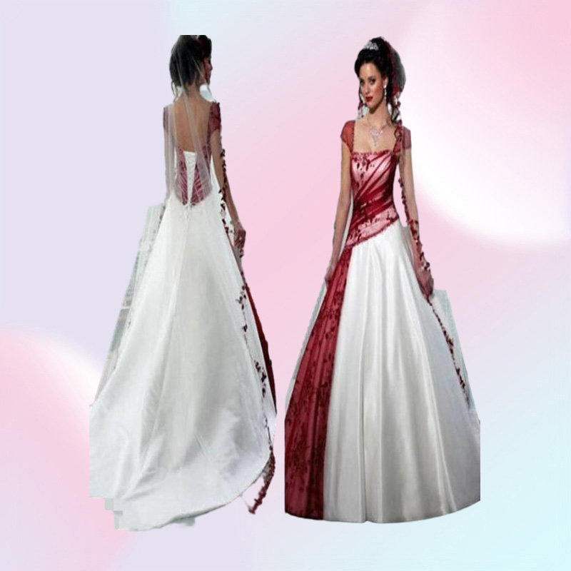 Retro Design White and Red Wedding Dresses Cap Sleeve Appliques Lace Pleated Tulle Satin A Line Bridal Gowns Custom Size6050566