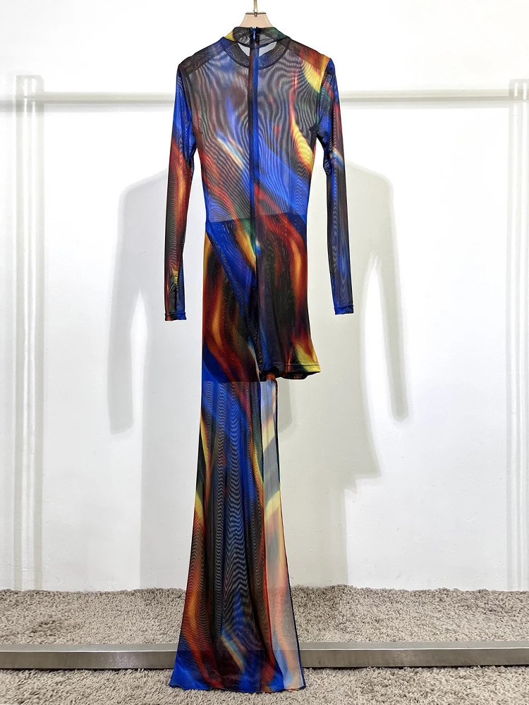 Basic Casual Dresses VGH Spring Fashion Colorblock Dress For Women Turtleneck Long Sleeve Patchwork Sheer Mesh Irregular Dresses Female Clothing 23103