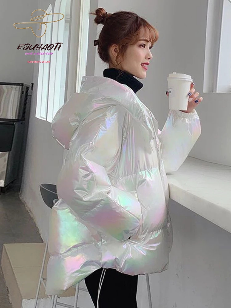 Women s Down Parkas Jacket Colorful Glossy Surface Hooded Cotton Coat Winter Korean Fashion Thicken Womens Clothing Loose Warm Tops 231031