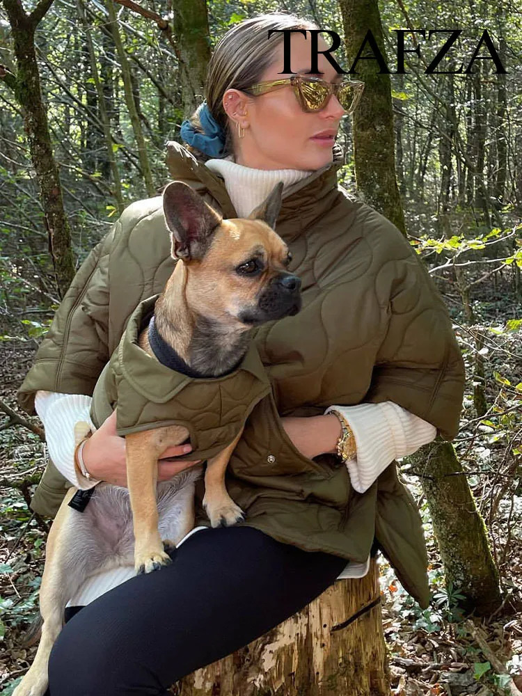 Women's Down Parkas TRAFZA Women Fashion Winter Parka Casual Half Sleeves High Neck Coat Woman Thick Pocket Warm Loose Jacket Female Tops Streetw