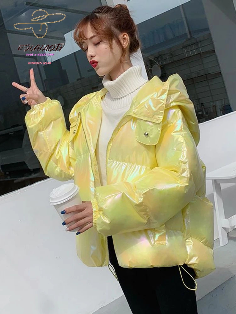Women s Down Parkas Jacket Colorful Glossy Surface Hooded Cotton Coat Winter Korean Fashion Thicken Womens Clothing Loose Warm Tops 231031