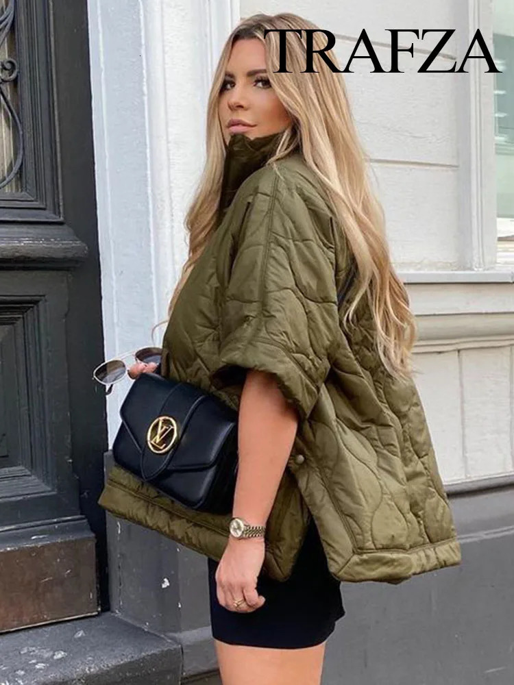 Women's Down Parkas TRAFZA Women Fashion Winter Parka Casual Half Sleeves High Neck Coat Woman Thick Pocket Warm Loose Jacket Female Tops Streetw