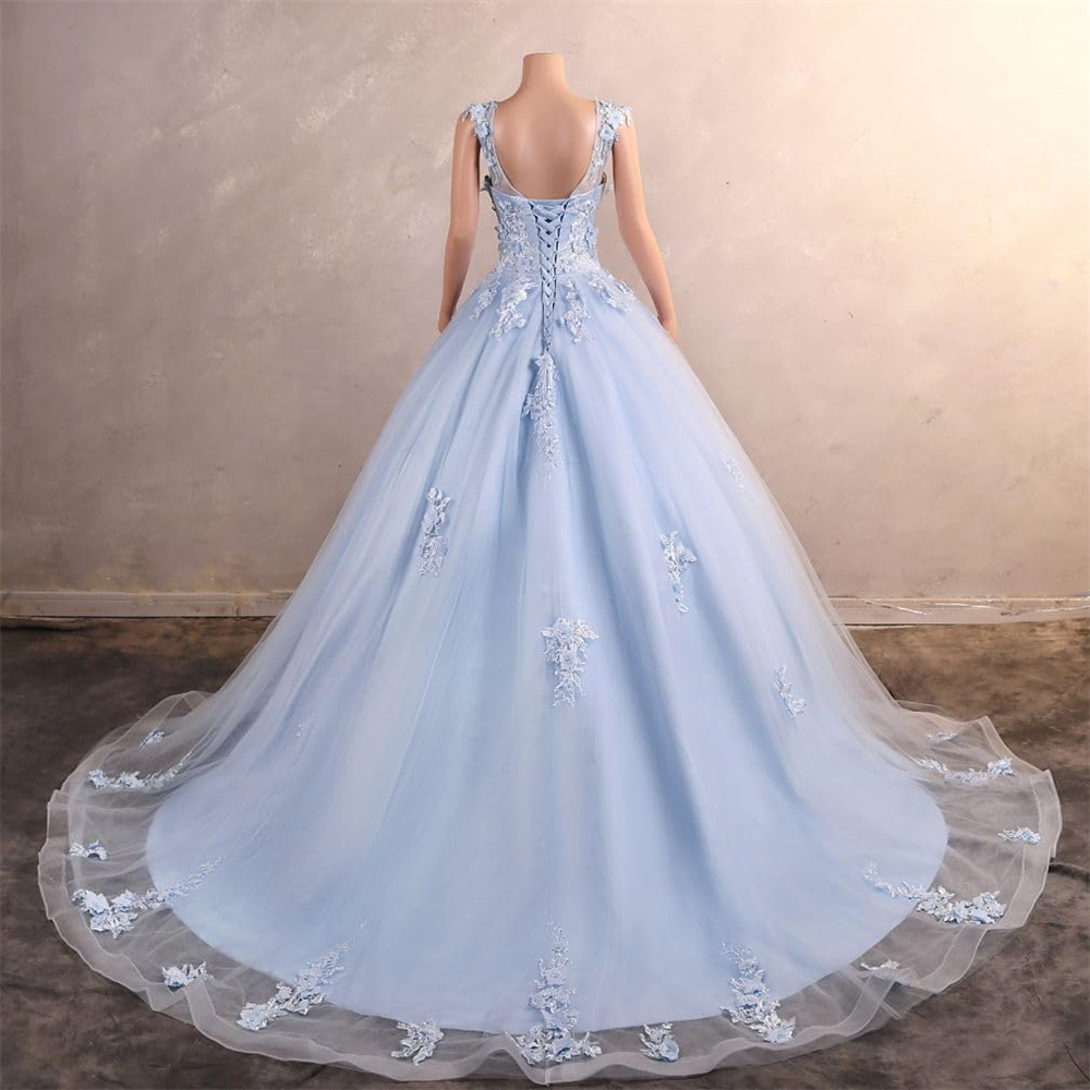 Quinceanera Dresses Princess Sky Blue Flowers Appliques Beading Deep V-Neck Tulle Ball Gown Lace-up Plus Size Sweet 16 Debutante Party Birthday Vestid