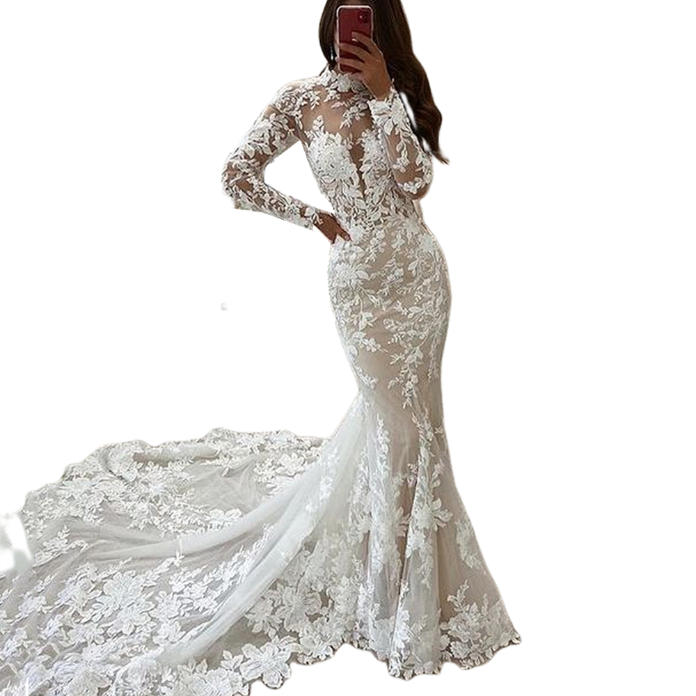 Bohemian Lace Mermaid Wedding Dresses Chapel Train Long Sleeves High Neck Boho Beach Bridal Gowns Summer Vestido De Novia 2023