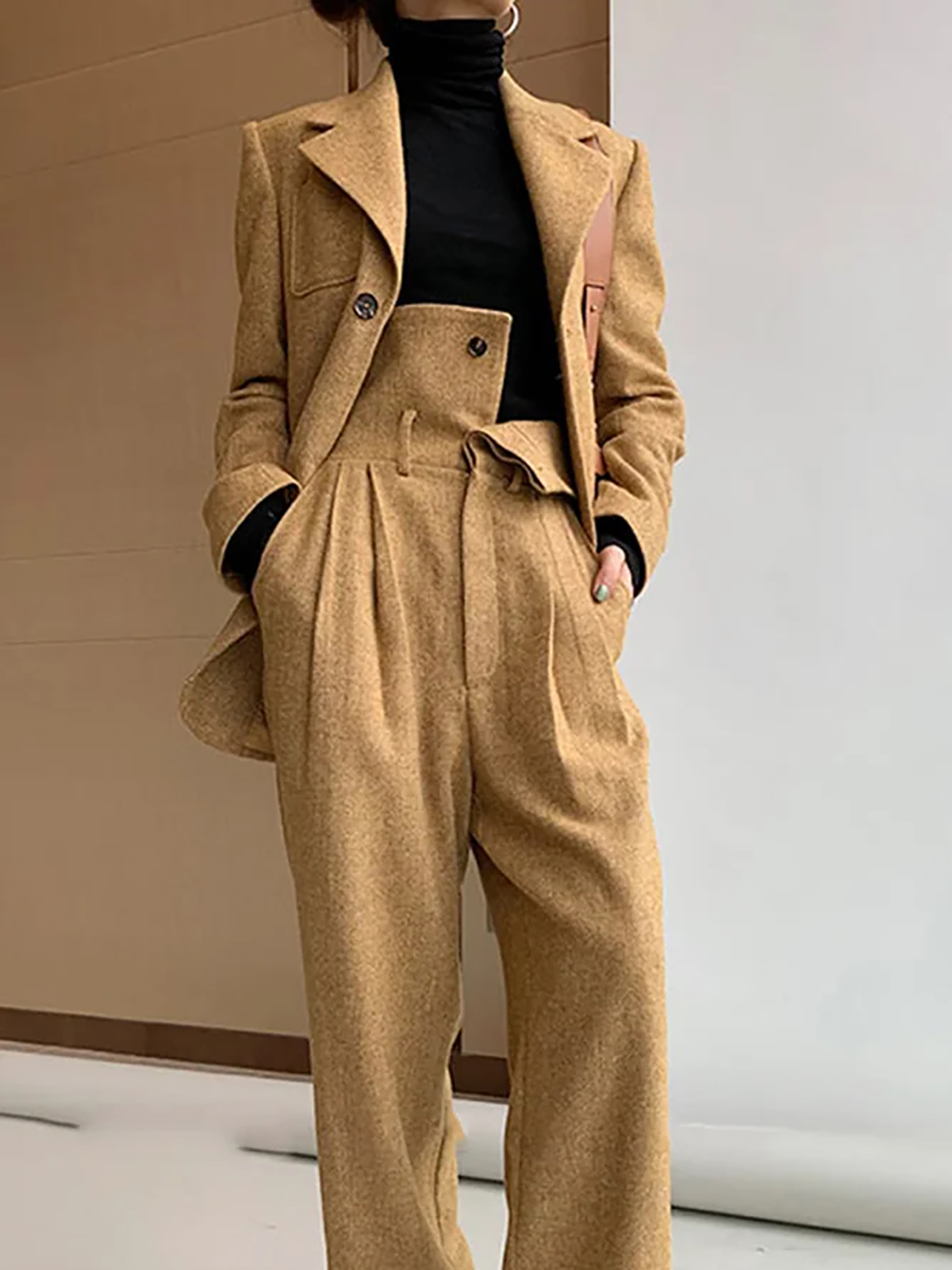 Winter Woolen Women Cloth Suits Custom Made Lady Fashion Long Sleeve V Neck Oversized Blazer Wide Leg High Waist Pants 2 Pieces