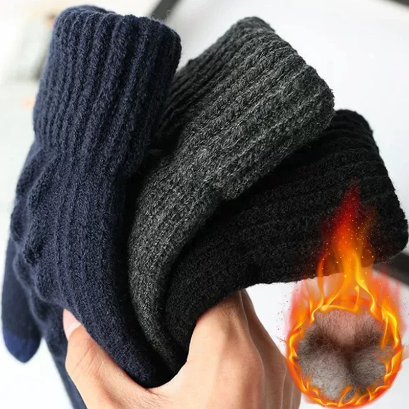 Five Fingers Gloves Men s Warm Full Finger Winter Touchscreen Plus Fleece Woman Thickening Wool Knitted Cycling Driving 231101
