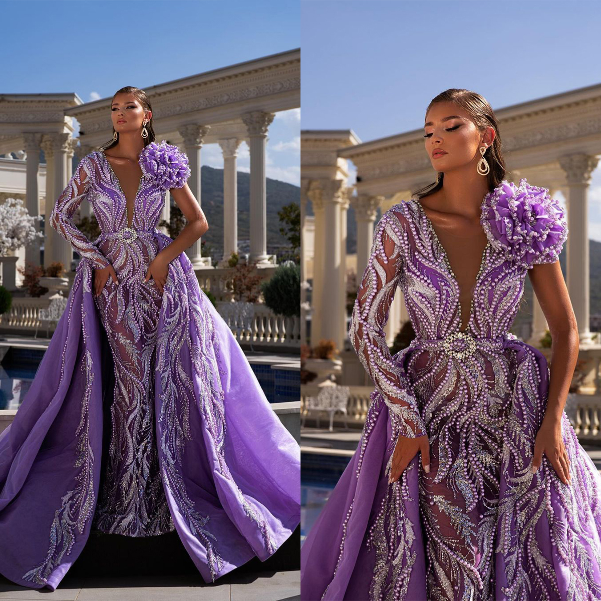 Exquisite Deep V Neck Evening Dresses Sexy One Shoulder Pearls Mermaid Prom Dress Detachable Train Custom Made Party Gown