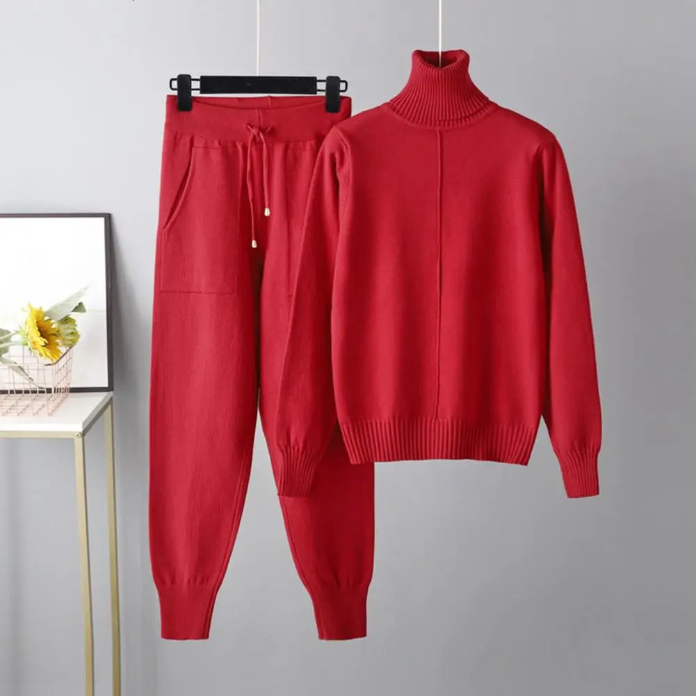 Women's Two Piece Pants Two Piece Cashmere Autumn Winter Women Turtleneck Wool Sweater Suits Fashion Knitted Loose Pant Tracksuit Lady Warm Set 2