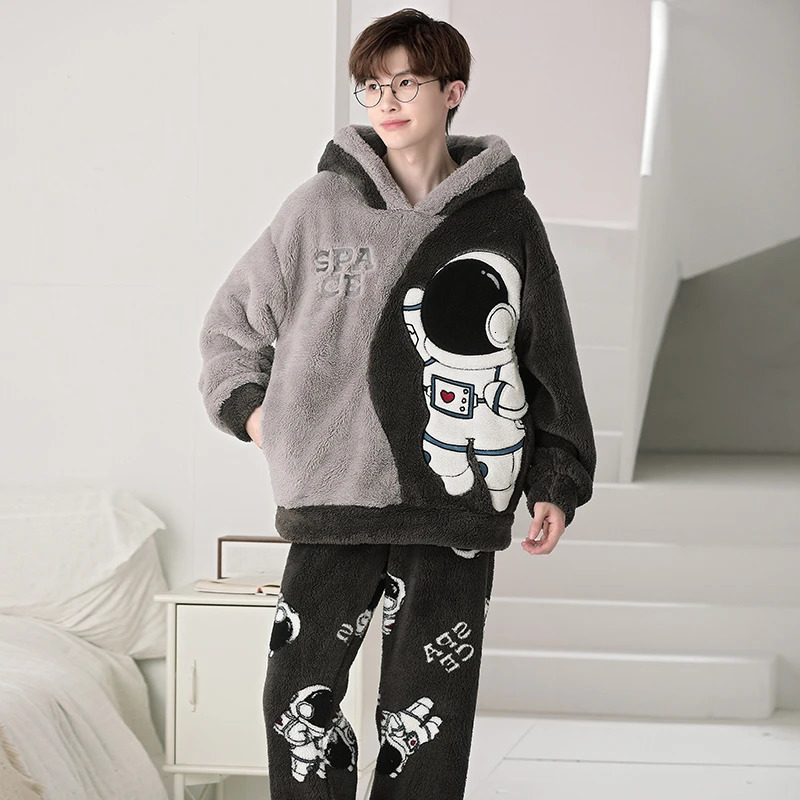 Men's Sleepwear Winter Men Pijama Sets 2PCS Adult Korean Hooded Pyjama Male Loungewear Cool Astronaut Thicken Soft Warm Pajama 231031