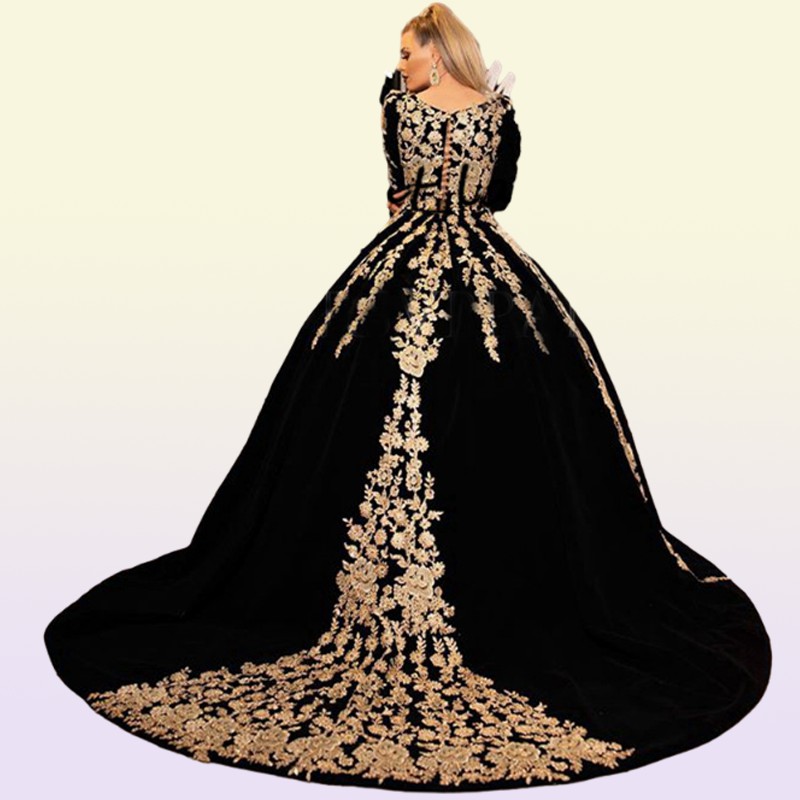 Black Velvet Ball Gown Prom Dresses with Gold Shiny Lace Applique Plus Size Long Sleeve Kaftan Caftan Arabic Evening Gowns We