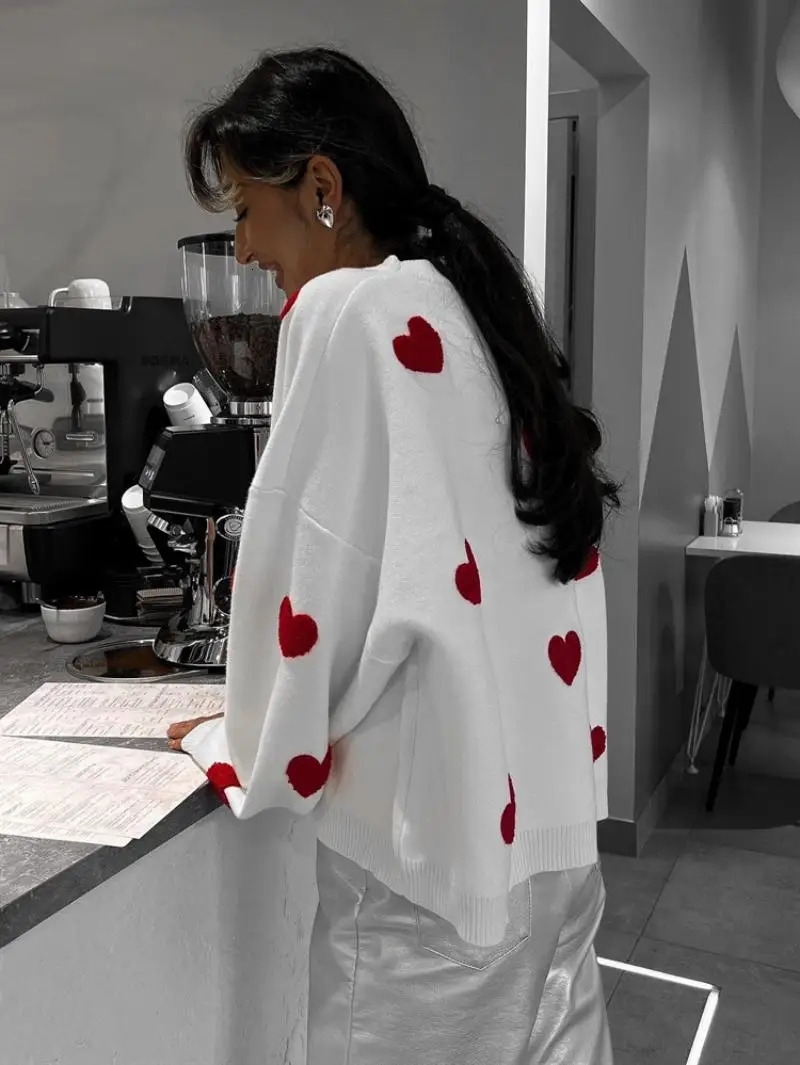 Women's Sweater Embroidery Love Heart Knitted Sweaters Long Sleeve Vintage Y2K Casual Sweet O Neck Pullovers Winter Warm Tops 231031
