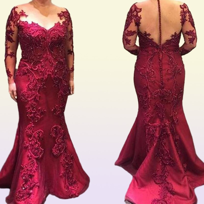 Dark Red MOTHER Of The Bride Dresses Lace Appliuque Beading Illusion Long Sleeves Formal Evening Gowns Gorgeous Wedding Groom
