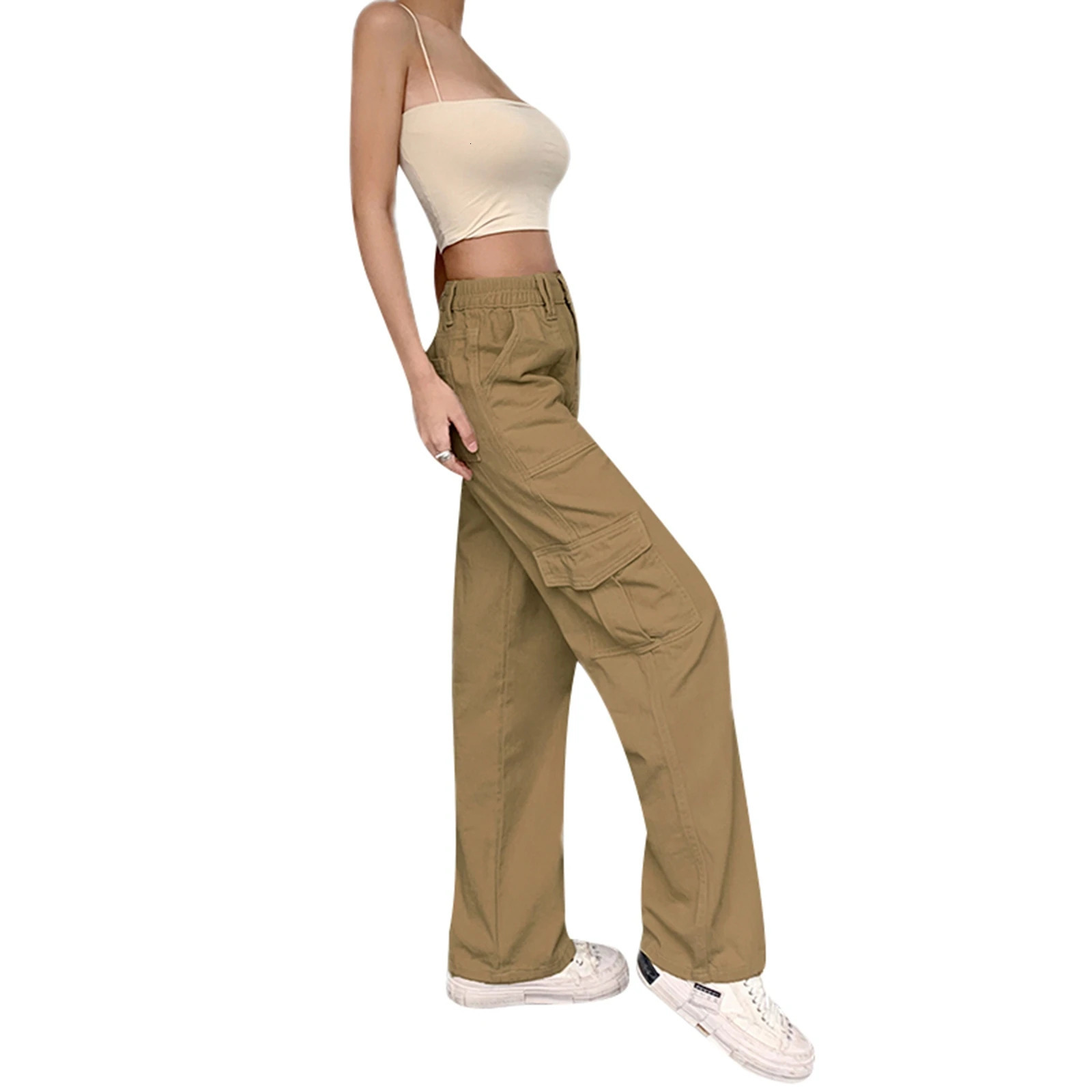 Women's Jeans Women Solid Color Cargo Pants High Waist Straight-leg Buckle Jeans with Pockets Khaki Brown 231101