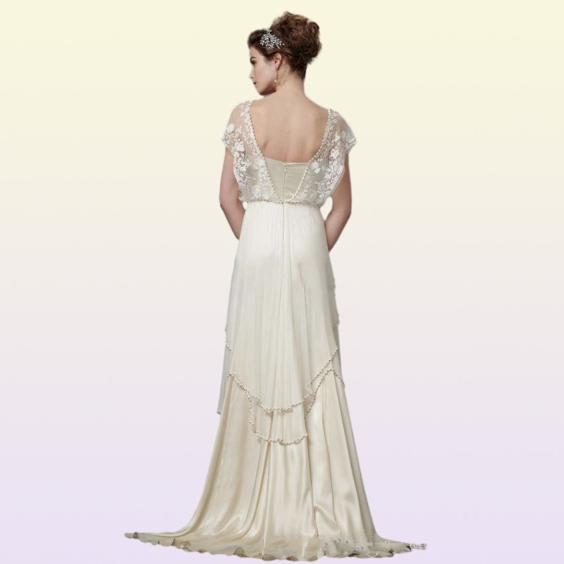 Vintage Ivory 1920s Wedding Dresses with Sleeves Catherine Deane Lita Modest Fairy Lace Chiffon Vneck Full Length Bridal Gow