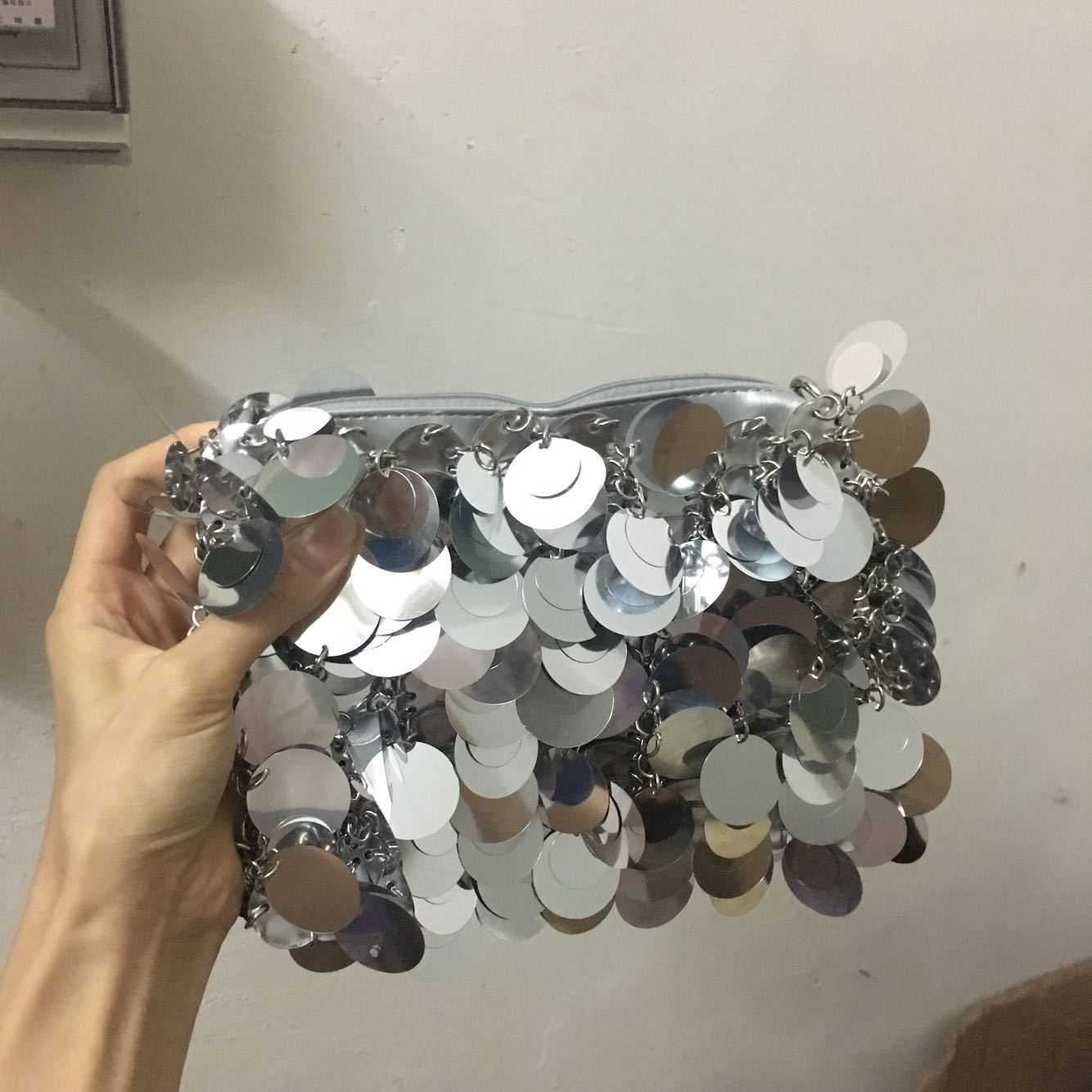 Silver shiny bag hand woven beaded sequin bag mobile phone bag long shoulder belt single shoulder messenger bag female 230401