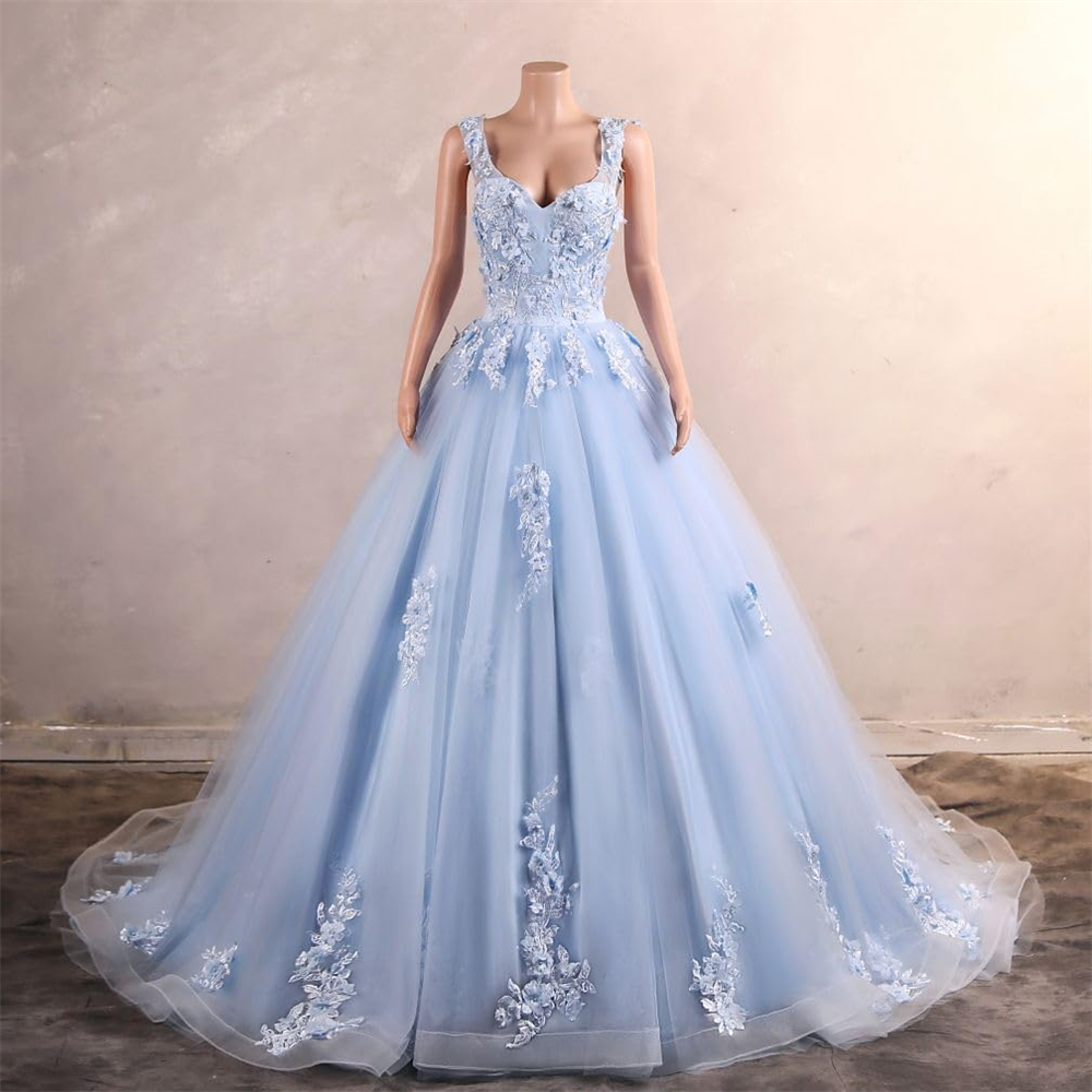 Quinceanera Dresses Princess Sky Blue Flowers Appliques Beading Deep V-Neck Tulle Ball Gown Lace-up Plus Size Sweet 16 Debutante Party Birthday Vestid