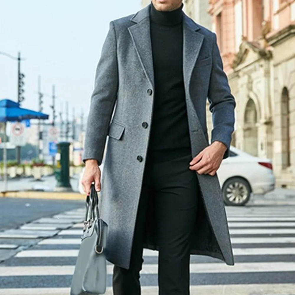 Men's Wool Blends Men's British Style Woolen Coat Fall Casual Lapel Single Breasted Youth Overcoat Midlength Slim Long Sleeve Woolen Jacket 