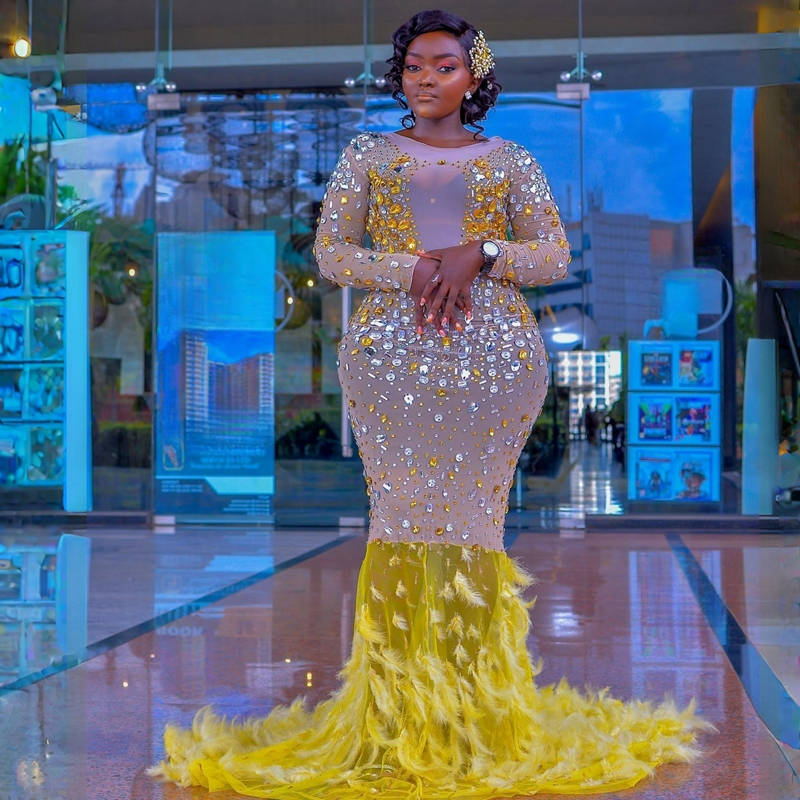Plu Size Feather Ao Ebi Prom Dree Mermaid Yellow Long Sleeve Colorful Tulle Beaded Rehinetone African Nigeria Glitter Evening Dre Second Reception