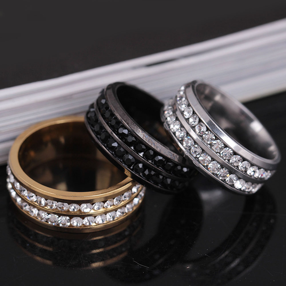 316L Stainless Steel Double Rows Austrian Crystal Rings for Men Women Top Quality Cute Lovers Band Finger Ring European Popular Fashion Gold Black Rin