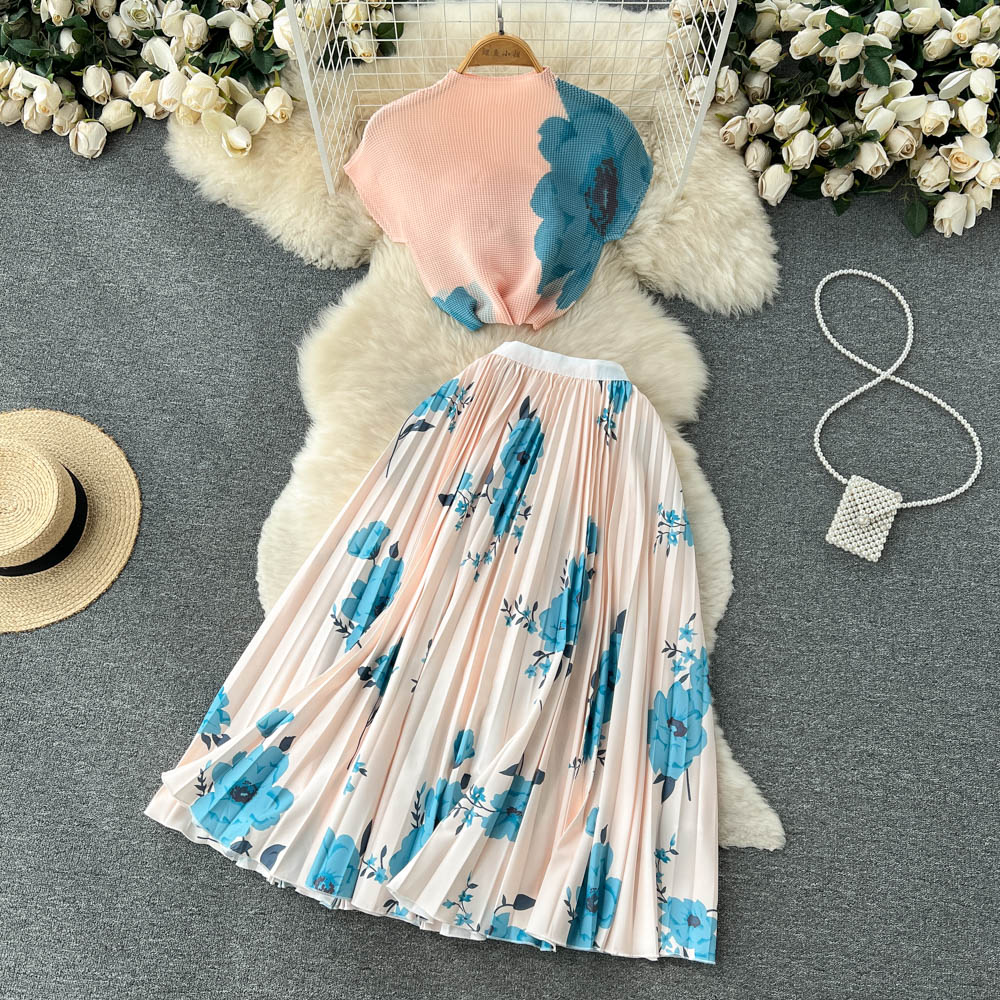 2023 Summer New Temperament OL WorkTwo Piece Dress Set Lapel Short-sleeved Knitted Shirt Contrast Color Stitching Pleated Skirt Sets