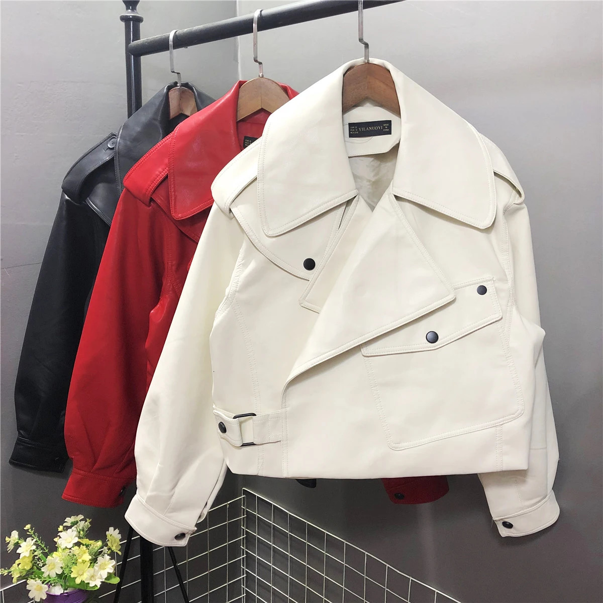 Women's Jacket Pu Leather 2023 Spring Autumn Loose Streetwear Turndown Collar Motorcycle Jackets Outerwear Women Clothing 231031