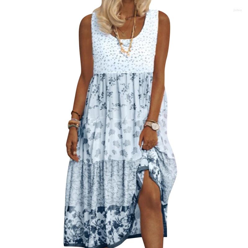 Casual Dresses Woman Floral Sleeveless Vest Dress Stitching Printing Contrast Pink Flowers Lady Small Fresh Summer Female