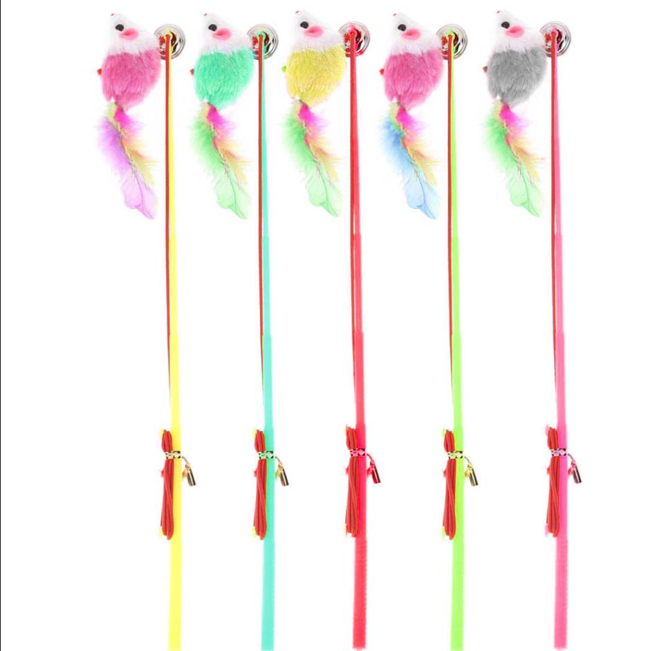 Pets Play Fly Over Wand Interactive Cat Toy Feather Bell Furry Mouse Teaser Stick for All Breed Sizes
