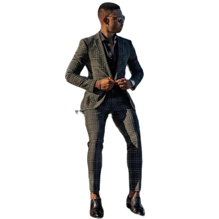 Gray Checked Wedding Tuxedos Slim Fit Mens Suits 2 Pieces Sets Notched Lapel Blazers Formal Suit With Jacket And Pants