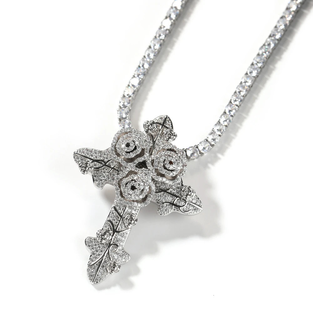 Chokers THE BLING KING Rose Flowers Cross Pendant Iced Out Bling Cubic Zirconia Necklace Hiphop Punk Jewelry 231101