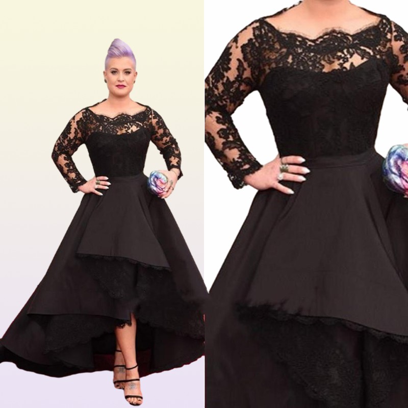 High Low Plus Size Formal Dresses Sheer Lace Bateau Long Sleeve Oscar Kelly Osbourne Evening Gowns Black Ball MOTHER Of The Bride