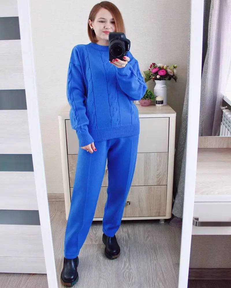 Women's Two Piece Pants GIGOGOU Two Piece Knitted Women Sweater Tracksuit O Neck Autumn Winter Warm Set Fashion Lady Casual Pant Suit 231031