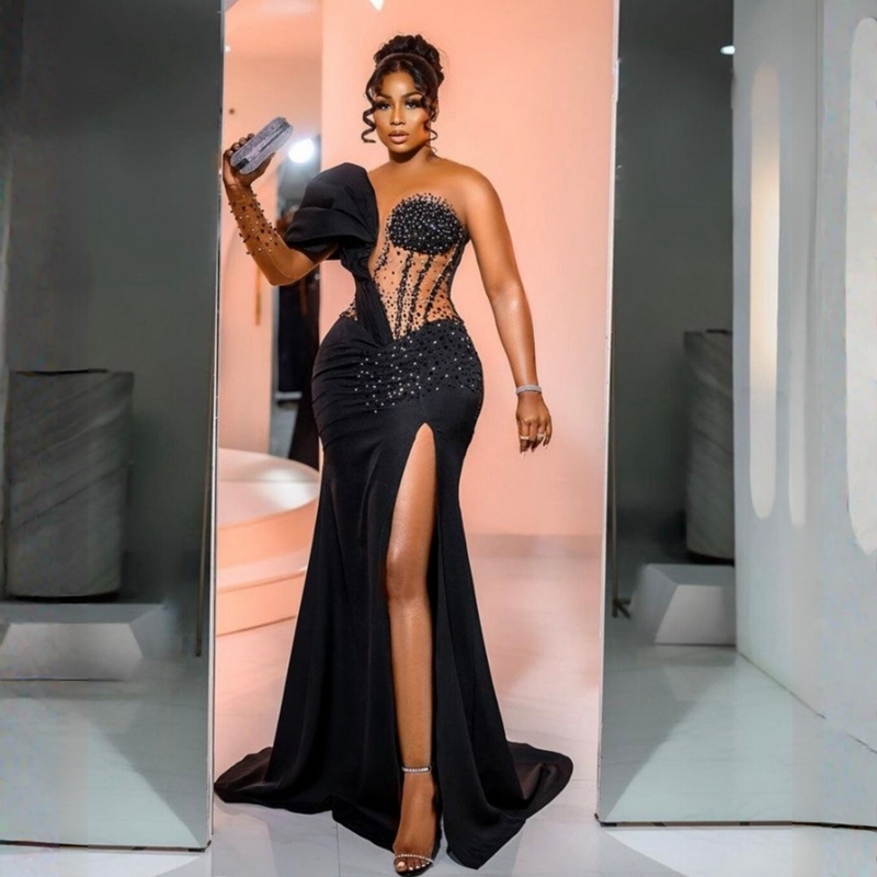 Plus Size Aso Ebi Prom Dresses Black One Shoulder Side Split Satin Beaded Rhie African Nigeria Women Evening Dress Second Reception Gowns